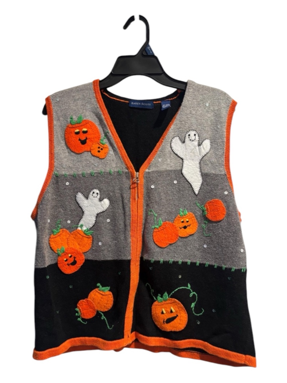 Karen Scott Orange & Gray Halloween Pumpkin and Ghost Vest